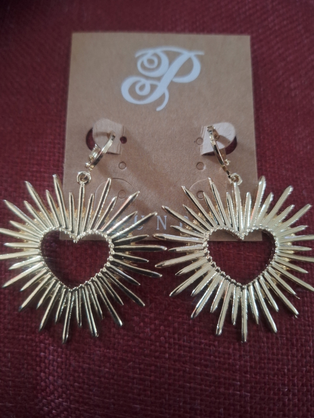 Plunder Brand 2" Long Dangle Heart With Spikes In Gold Tone Earrings NIP
